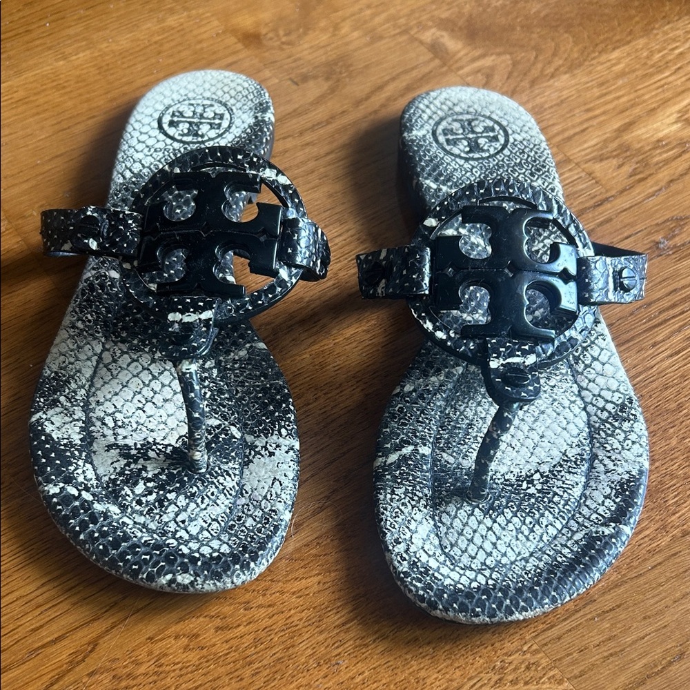 Tory Burch Black and White Snakeskin Sandals